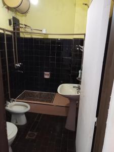 a bathroom with a sink and a toilet and a shower at Tucán Alojamiento in Puerto Iguazú