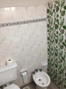 a bathroom with a toilet and a shower curtain at Departamento Alicia 3 y 68 opcional cochera in La Plata