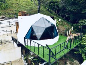 an igloo house with a glass roof on a green lawn at Glamping Tomaselli in Manuel Antonio