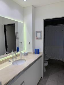 a bathroom with a sink and a mirror and a toilet at Hermoso departamento boutique con pileta in Salta
