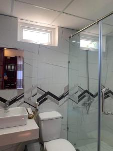 a bathroom with a shower and a toilet and a sink at Hong Thien 1 Hotel in Hue