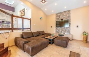 a living room with a brown couch and a tv at Beautiful Home In Hrvace With Heated Swimming Pool in Hrvace