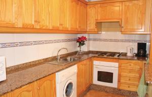 a kitchen with wooden cabinets and a sink and a dishwasher at Beautiful Home In Gran Alacant With Wifi in Gran Alacant