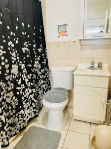 a bathroom with a toilet and a black shower curtain at Las margaritas in Allentown +13 photos