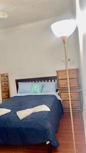 a bedroom with a bed with a blue blanket and a lamp at Las margaritas in Allentown