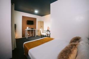 Balanga的住宿－Grand Peninsula Suites，配有一张床和一张书桌的酒店客房