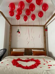 ein Bett mit roten Ballons, die an der Decke hängen in der Unterkunft Spa Palawan privé avec jacuzzi et sauna Liège in Lüttich