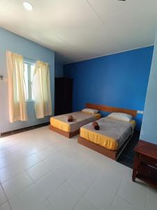 a bedroom with two beds and a blue wall at Drym Valley Langkawi in Pantai Cenang