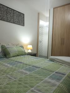um quarto com uma cama com um edredão verde em Apartaestudio vacacional em Armênia
