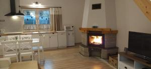 a living room with a fireplace and a kitchen at Leśny Domek in Las