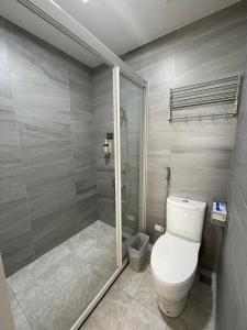 a bathroom with a toilet and a shower at 畔山民宿 in Zhonghe