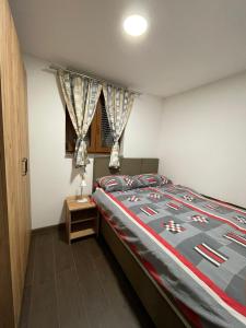 sypialnia z łóżkiem z czerwonym i szarym kocem w obiekcie Vila Vlajić 2020 w mieście Gornje Pale