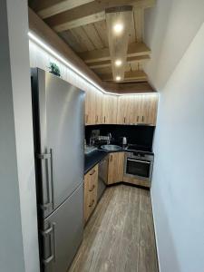 kuchnia z lodówką ze stali nierdzewnej i drewnianymi szafkami w obiekcie Vila Vlajić 2020 w mieście Gornje Pale