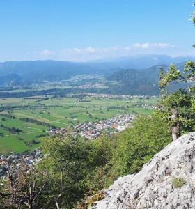 Blick auf eine Stadt von der Spitze eines Berges in der Unterkunft Apartma Juli in Žirovnica