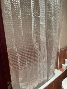 uma cortina de chuveiro na casa de banho com WC em Acogedor y soleado apartamento recién amueblado en Gijón em Gijón