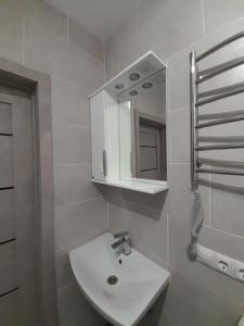 ウージュホロドにあるОтличные квартиры на Другетовのバスルーム(白い洗面台、鏡付)