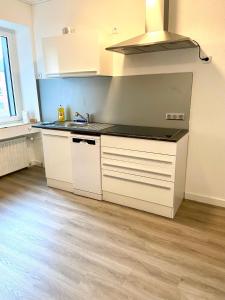 uma cozinha com um lavatório e uma bancada em Core Rooms - Apartment Oberhausen em Oberhausen