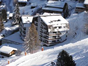 a building covered in snow in a snow covered city at Appartement Mont Parrain 14 in La Tzoumaz
