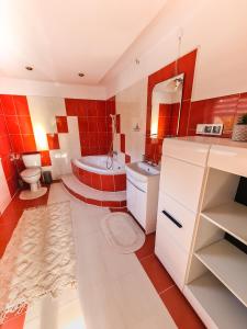 a bathroom with a tub and a toilet and a sink at Apartament Za Potokiem in Groń