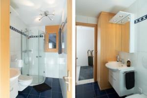 y baño con ducha, aseo y lavamanos. en Just 10min from Lenzerheide - Apartment in Vazerol en Brienz-Brinzauls