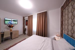 Habitación de hotel con cama y TV de pantalla plana. en Casa Cojocaru en Cîrcea