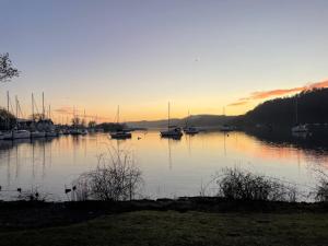 a harbor with boats in the water at sunset at Lakes Boutique Hostel Apartment Windermere in Windermere