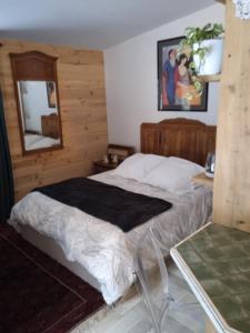 een slaapkamer met een bed met een zwarte deken erop bij Chalet libellule Domaine de la Mamounette in Champclause