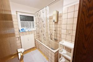 baño con ducha y aseo y ventana en Nice Apartments in Gummersbach, en Gummersbach