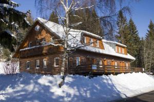 StachyにあるApartmány Maruškaの雪の中の木の丸太小屋