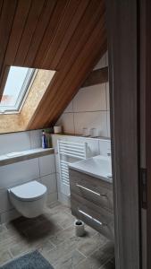 een badkamer met een toilet, een wastafel en een raam bij FeWo 1 Rolf Koglin in Gunzenhausen
