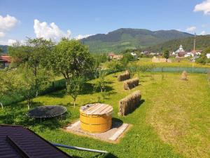 a field with bales of hay and a barrel at Casa Rustic in Vama