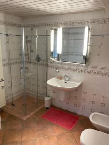 La salle de bains est pourvue d'une douche et d'un lavabo. dans l'établissement Ferienwohnung am alten Backhaus, à Bad Berleburg