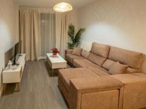 a living room with a brown couch and a tv at La Ermita FjHomeFj in Jerez de la Frontera