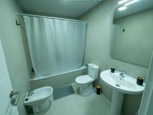 a bathroom with a toilet and a sink and a mirror at La Ermita FjHomeFj in Jerez de la Frontera
