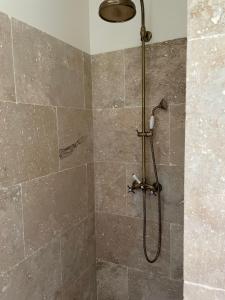 La salle de bains est pourvue d'une douche et d'un mur en pierre. dans l'établissement Casa di l’alivi, à Santa-Reparata-di-Balagna