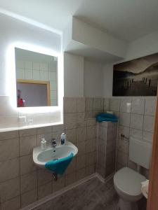 uma casa de banho com um lavatório, um WC e uma janela. em Ferienwohnung Wettin em Wettin