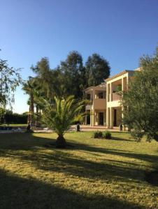 une grande maison avec un palmier dans la cour dans l'établissement Villa Pepe, à El Harkat