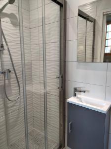 a bathroom with a shower and a sink at Gîte Beau Soleil in Cauterets