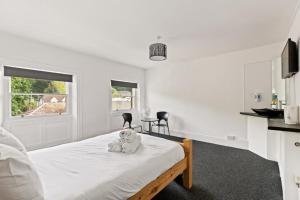 Un dormitorio con una cama con dos ositos de peluche. en Dover Town Rooms - Short Lets & Serviced Accommodation - Dover en Dover