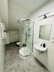 een badkamer met een glazen douche en een wastafel bij Apartamenty Route 65 