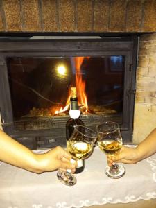 Dos personas sosteniendo copas de vino frente a una chimenea. en Ljupki studio apartman sa kaminom, en Jahorina