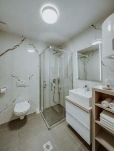 a bathroom with a shower and a toilet and a sink at LAVilla Osijek in Osijek +104 photos