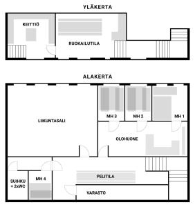 een plattegrond van een gebouw bij Large Family Apartment ONNELA, Tahko, Palju, BBQ, Sauna, Gym, WiFI, Pets OK, Budget Wanha Koulu Tahkovuori in Reittiö