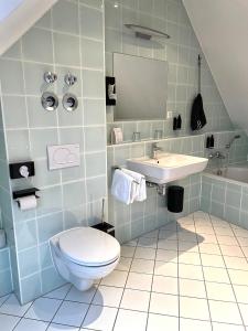 ein Bad mit einem WC und einem Waschbecken in der Unterkunft DK Hotel Deutscher Kaiser in Heidelberg