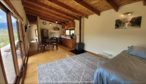 a bedroom with a bed and a kitchen and a living room at Turismo y Cabañas Dragon de La Patagonia in Cochrane