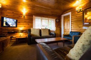 a living room with couches and a tv in a cabin at Mountain View Log Cabin - Wales in Trawsfynydd