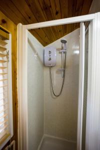 a shower with a shower head in a bathroom at Mountain View Log Cabin - Wales in Trawsfynydd