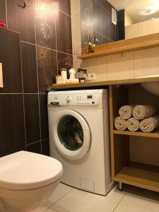 a bathroom with a washing machine and a toilet at Upes apartamenti Nr: 32 in Valmiera