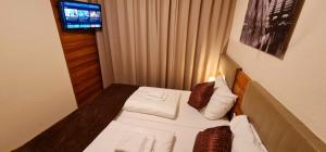 美因河畔法兰克福Hotel Frankfurt Messe的小型酒店客房设有一张带电视的床。 更多21张照片