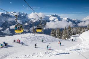grupa osób na stoku narciarskim z wyciągiem narciarskim w obiekcie Hotel Panorama w mieście Hasliberg